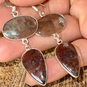 Mocha Stone Green Moss Agate Earrings 2”